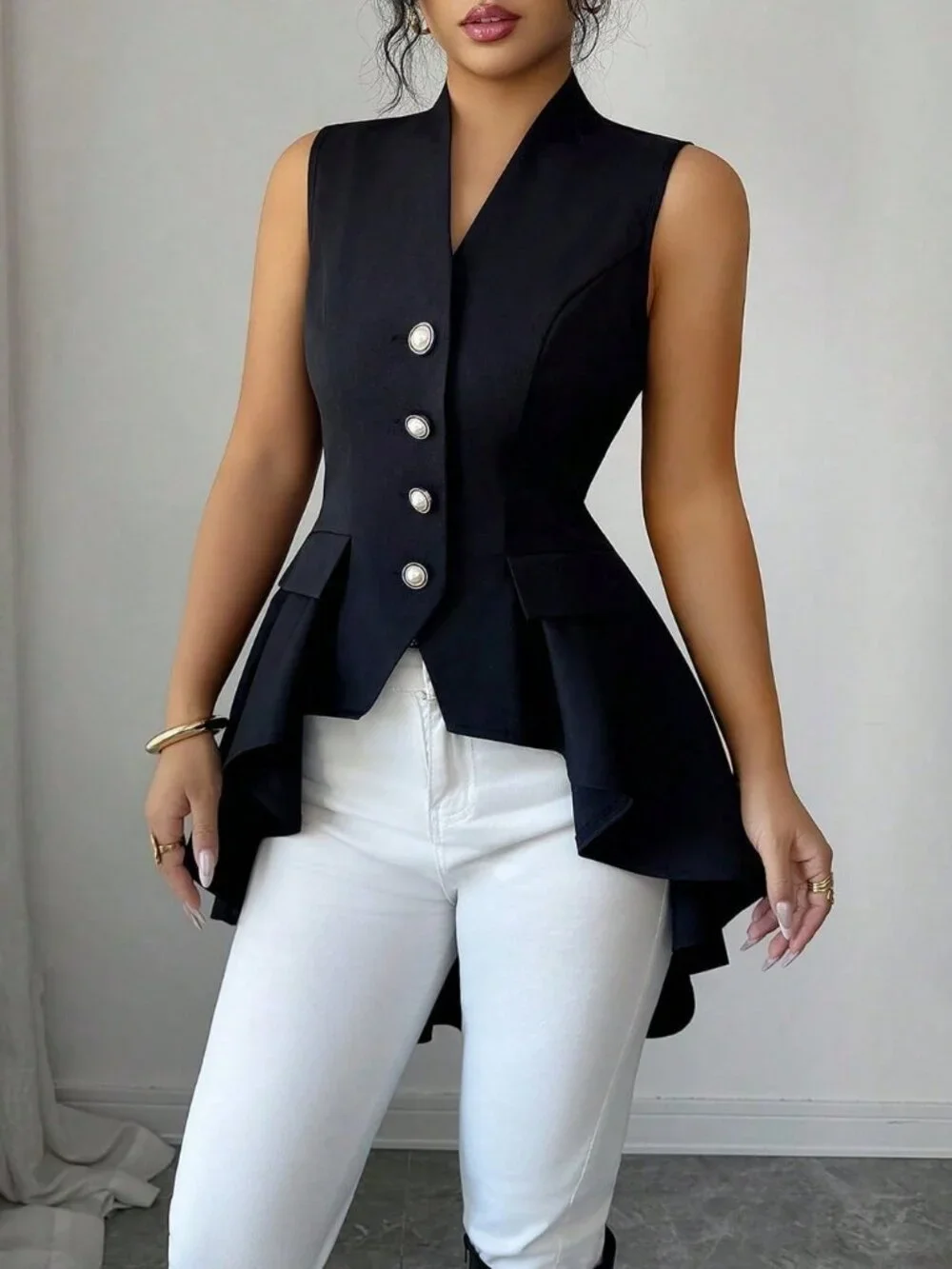 Black V-Neck Sleeveless Women's Cinched Waist Asymmetric Flared Hem Jacket